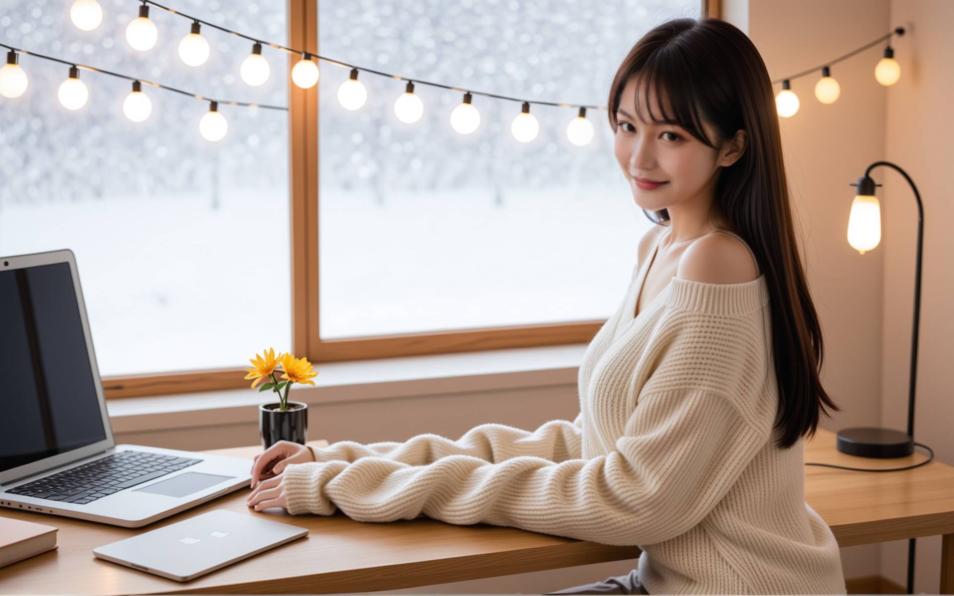 一个女生看到电脑屏幕上一个名为'Momo的幸福手札'的博客页面，页面设计简洁温馨，背景是情侣旅行时的甜蜜合影，女生脸上洋溢着惊喜和幸福的笑容。