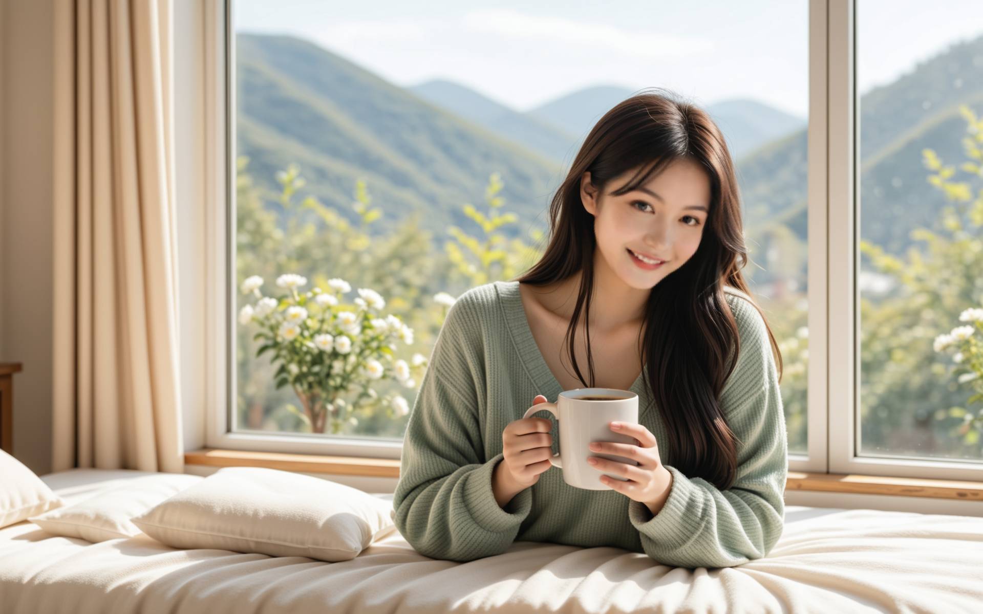 清晨阳光透过窗帘，一位男性正在厨房为女性冲泡咖啡，咖啡香气弥漫，画面温馨