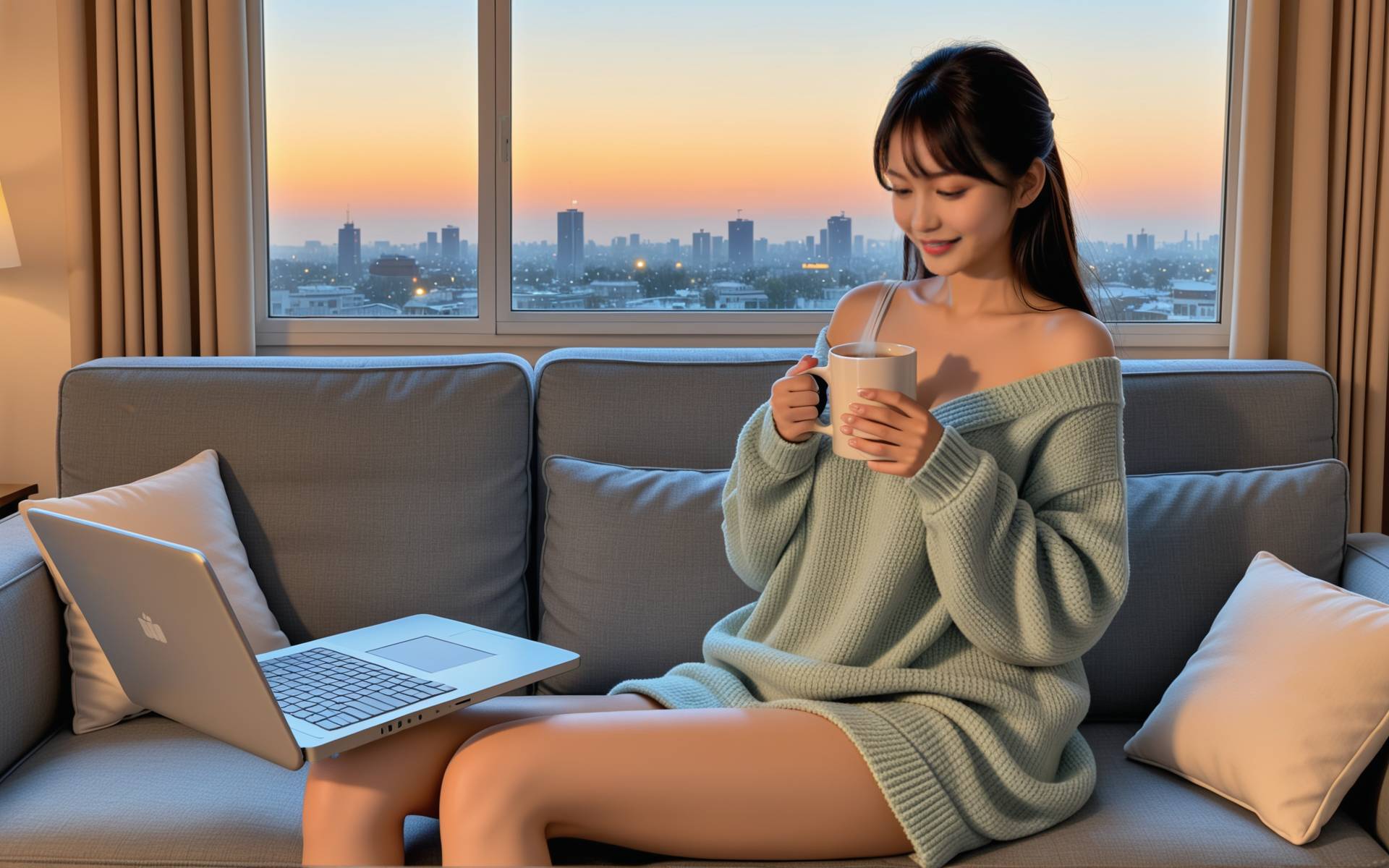 一位女性正专注地在电脑前工作，旁边有一束鲜花和一杯咖啡，窗外阳光明媚