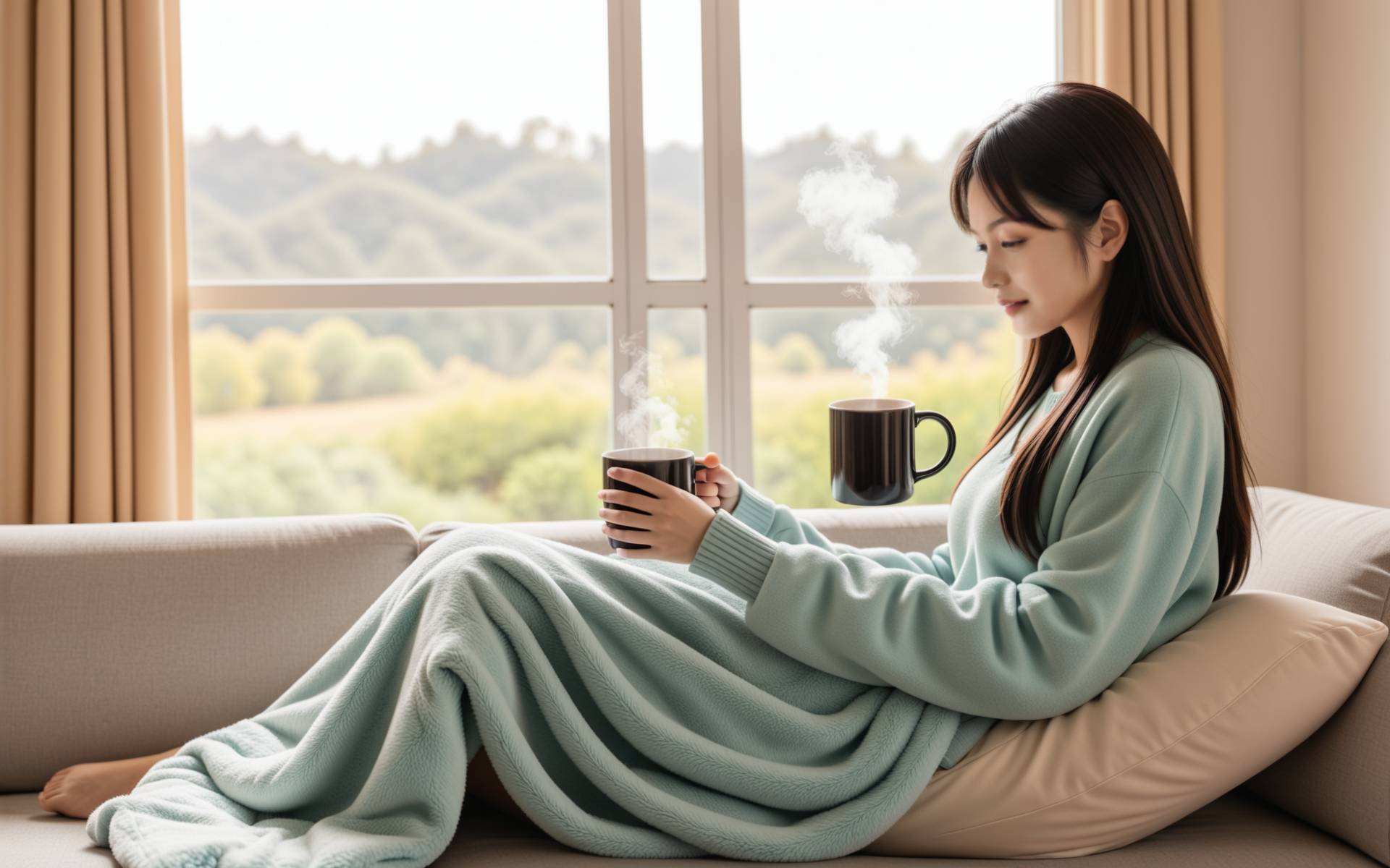 一对情侣在家中温馨互动，男生送给女生一份惊喜礼物，女生惊喜地抱着复古相机