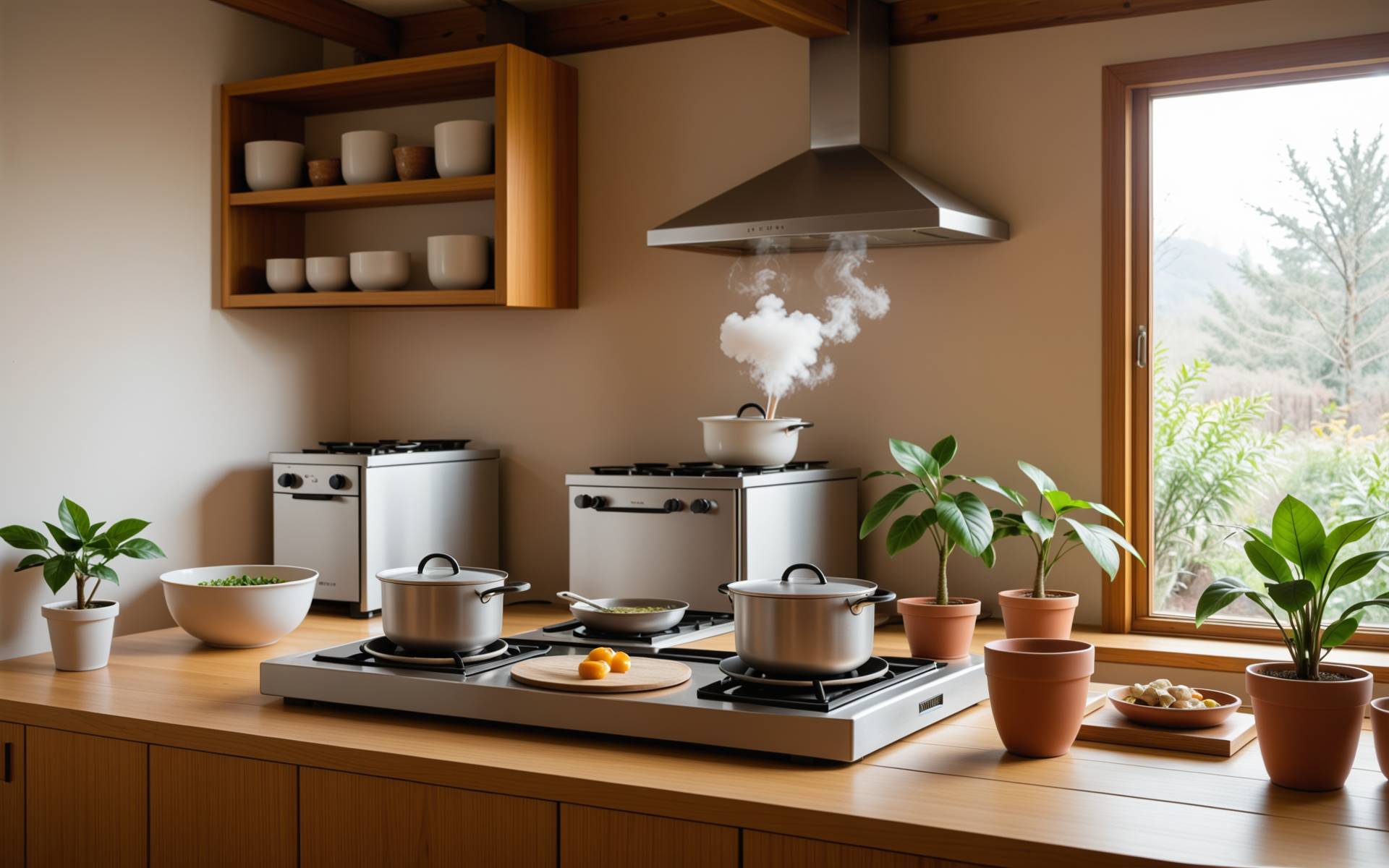 一对情侣在温馨的厨房里，男生正在专注地烹饪，女生则在一旁甜蜜地看着他，空气中弥漫着爱和食物的香气。