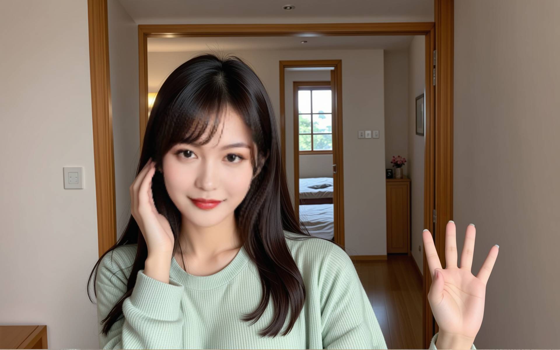 一个女生在镜子前一边匆忙化妆，一边用手机和男友视频通话，脸上带着甜蜜的笑容，背景是忙碌的早晨景象