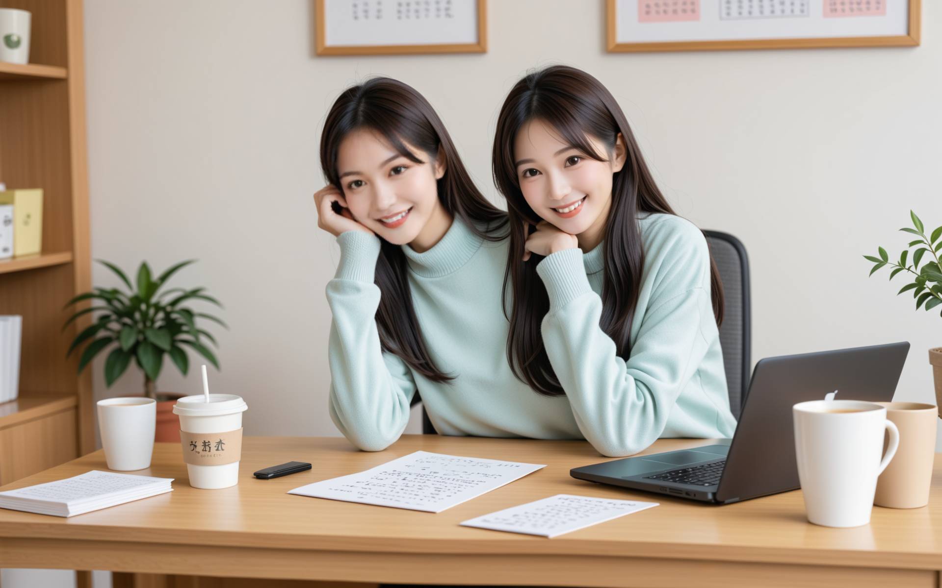 一对情侣在温馨的家中互相依偎，女生在笔记本电脑前工作，男生在一旁安静地陪伴阅读，营造出一种忙碌但甜蜜的氛围。