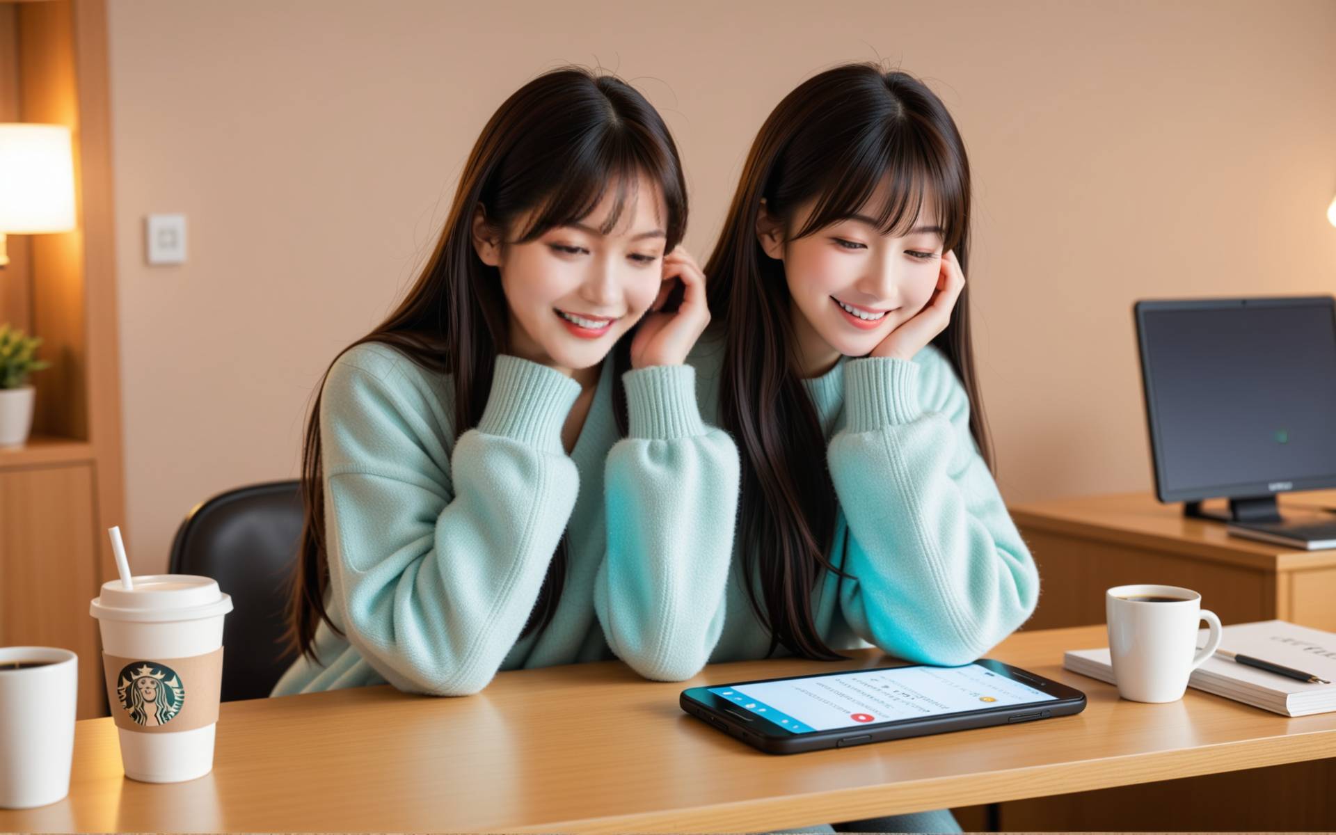 一个女生看到手机信息后惊喜地捂住嘴巴，脸上洋溢着幸福的笑容，背景模糊，暗示着她正沉浸在自己的小世界中