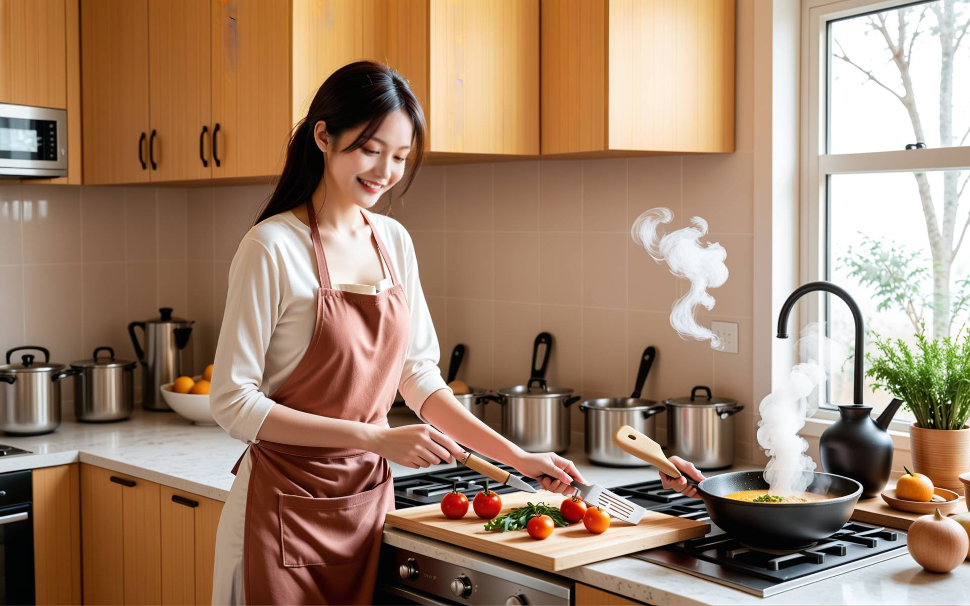 一位女性正在厨房里认真地为心爱的人烹饪晚餐，炉火温暖，桌面摆放着新鲜食材和香料，营造出温馨而充满生活气息的场景。