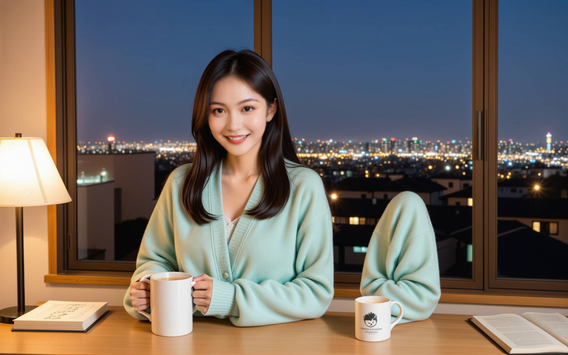 一个女生坐在窗边，手持一本书，眼神望向窗外，似乎在等待什么，背景是傍晚的城市夜景