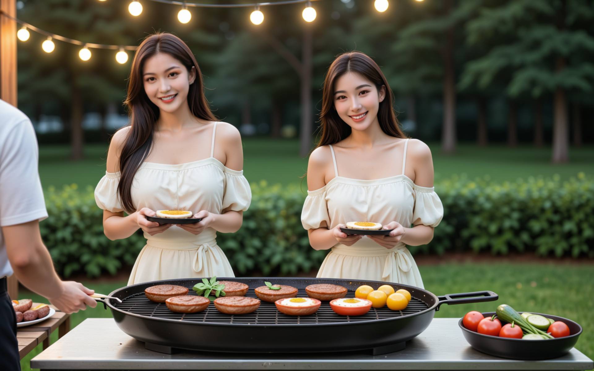 一对情侣在阳光明媚的厨房里，男生正在切菜，女生在一旁准备食材，两人面带微笑，气氛温馨甜蜜，桌上摆满了待烤的肉串和蔬菜。