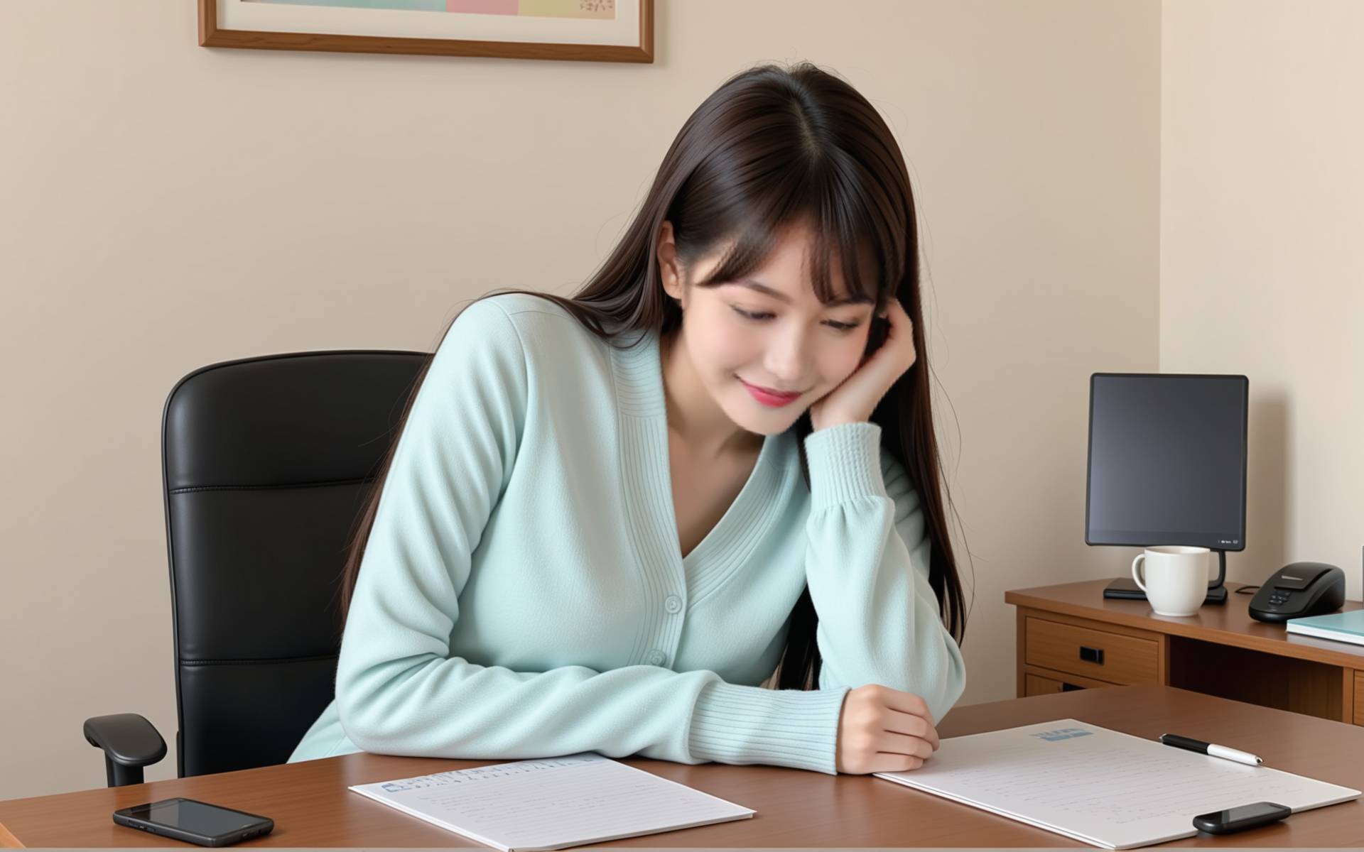 一张居家照片，显示一个穿着居家服的男人坐在沙发上，腿上趴着一只打盹的猫咪，他正侧头温柔地看着猫，脸上带着宠溺的笑容。背景是温馨的客厅一角。