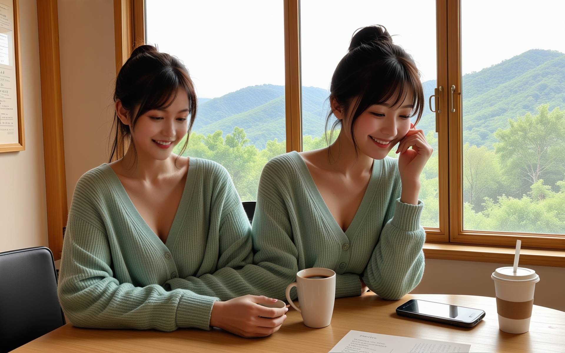 一个女生在咖啡厅里，一手托腮，眼神充满期待地望着手机，仿佛在等待重要的消息