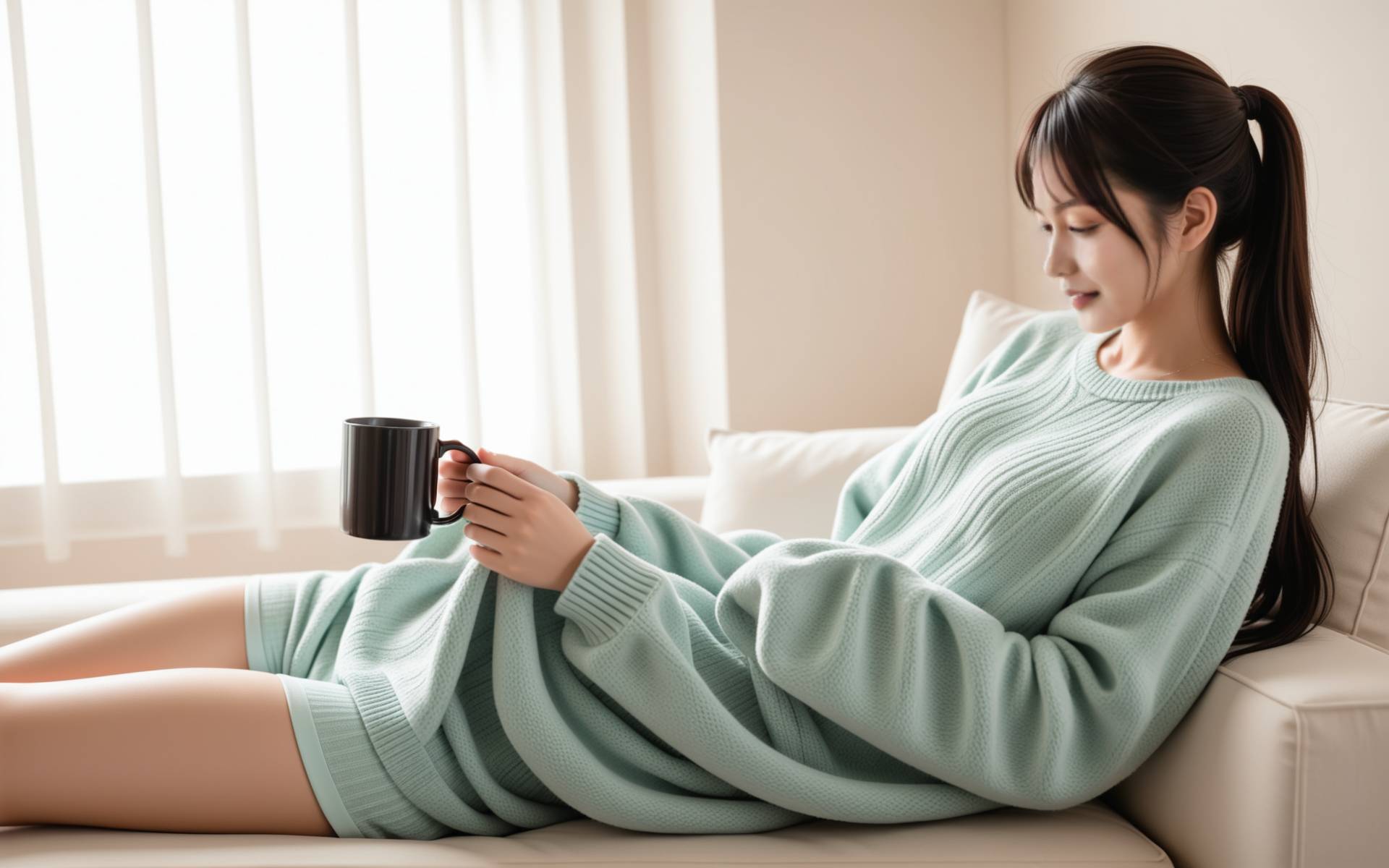 一位女性在家中舒适地放松，可能躺在沙发上，或伸展身体，周围环境温暖而安全，光线柔和，象征着一天的疲惫卸下后的自由与放松。