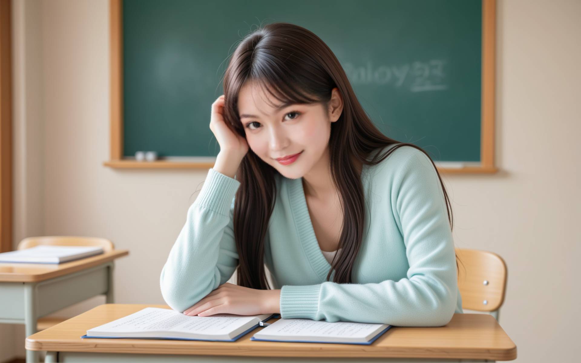 一个女生坐在安静的图书馆里，手捧书本，神情专注，旁边的手机屏幕亮着，显示一条甜蜜信息