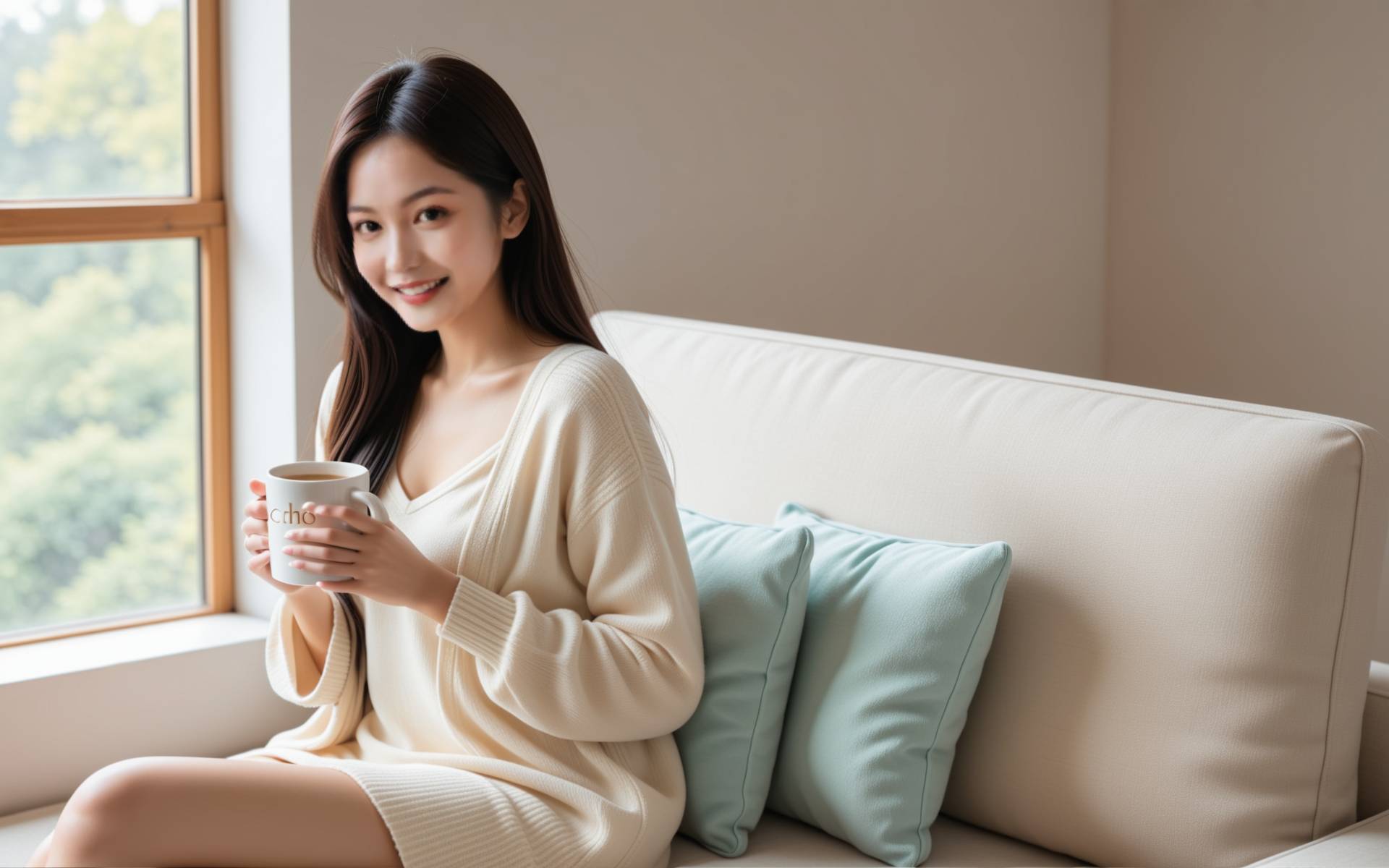 一对情侣在温暖的居家环境中，男生温柔地为女生递上一杯热饮，女生面带微笑，气氛温馨甜蜜。