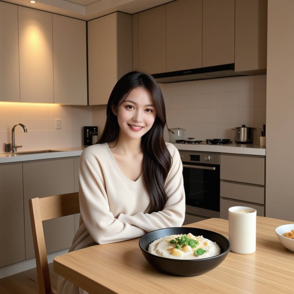 一个温暖的厨房场景，餐桌上摆放着精心准备的晚餐，旁边坐着一对情侣正在愉快地用餐，氛围温馨而幸福。