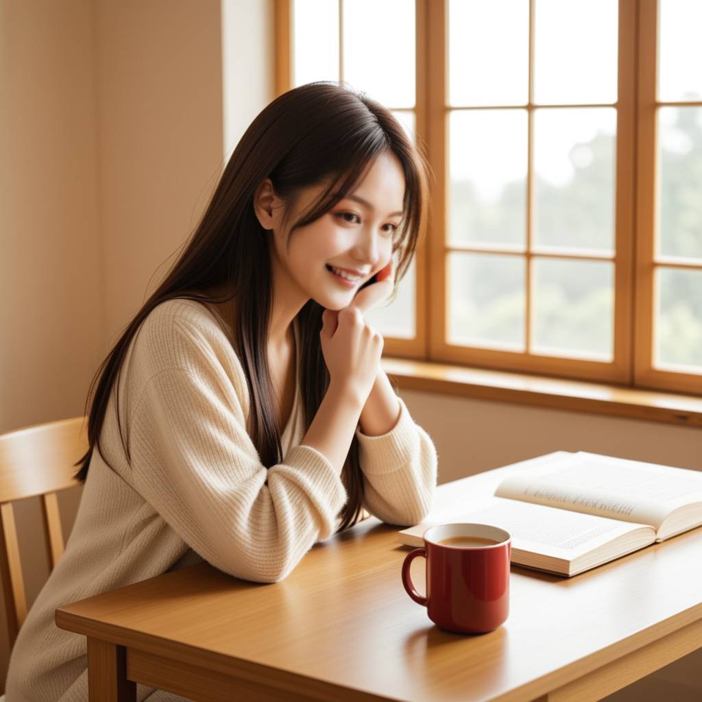 一张手机屏幕特写，显示伴侣发来的温馨短信‘别太累，辛苦了，我等你回家。’，背景是模糊的办公室桌面或窗外景色，暗示午休时的片刻宁静。