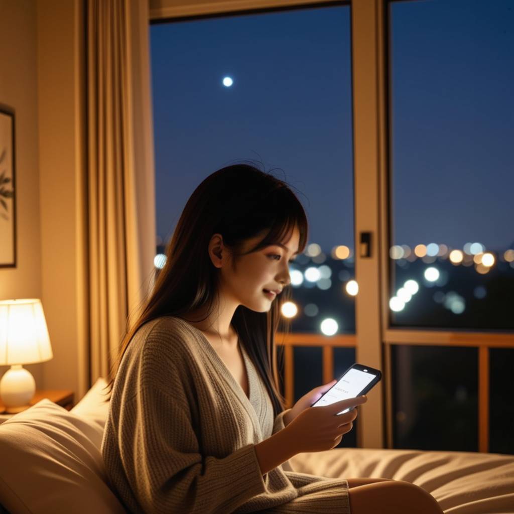 一对情侣在不同的城市，分别通过视频电话进行日常互动，背景是夜空和星辰，画面温馨且充满思念