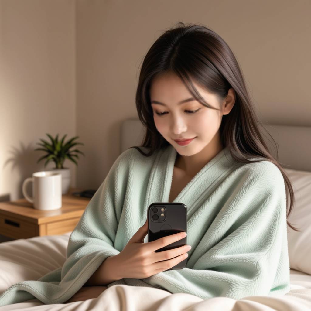 清晨，一个男人在厨房煮咖啡，窗外是城市天际线，他正在用手机给心爱的人发送早安信息