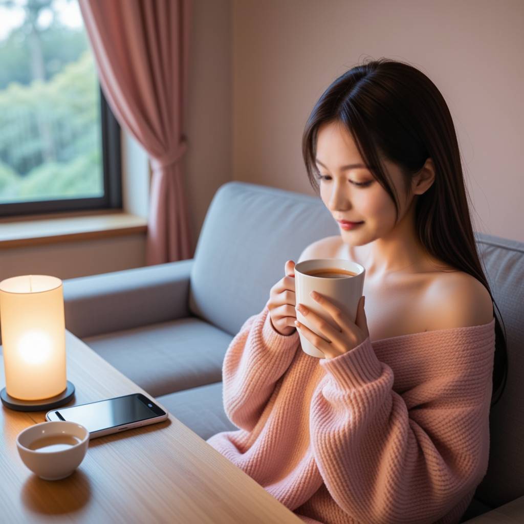 一张温馨的卧室场景，女人手捧咖啡，目光温柔地看向窗外，阳光洒落，仿佛在期待着什么