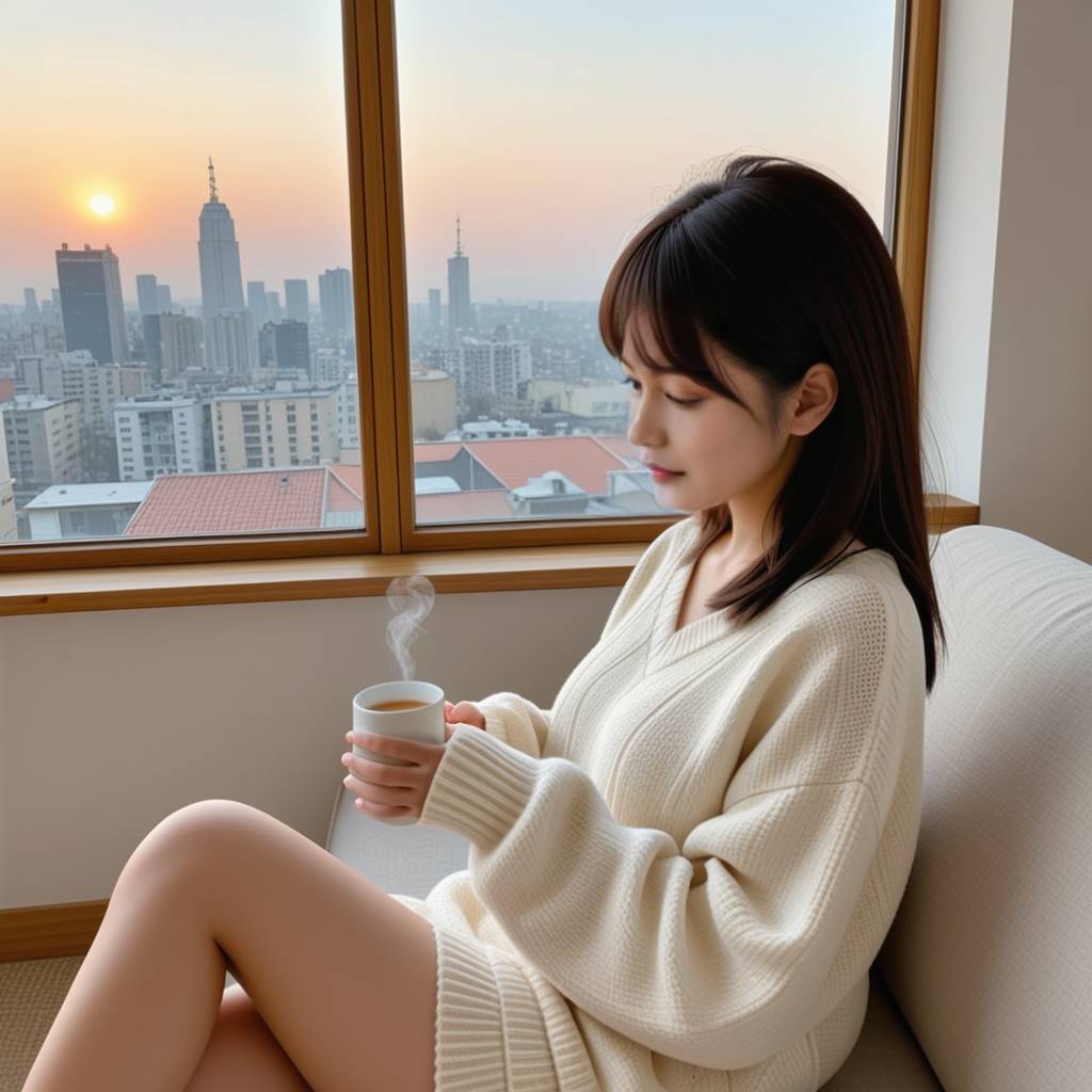 一个女人坐在窗边，手扶下巴，眼神中充满期待和一丝甜蜜的焦灼，窗外是傍晚的城市景色