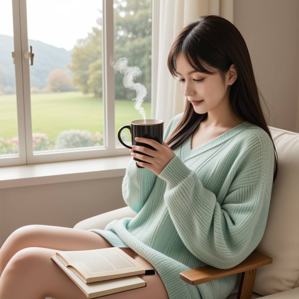 一位女性靠在窗边，微笑着凝望远方，背景是温暖的室内和逐渐西沉的夕阳，营造出等待亲人归来的温馨氛围。