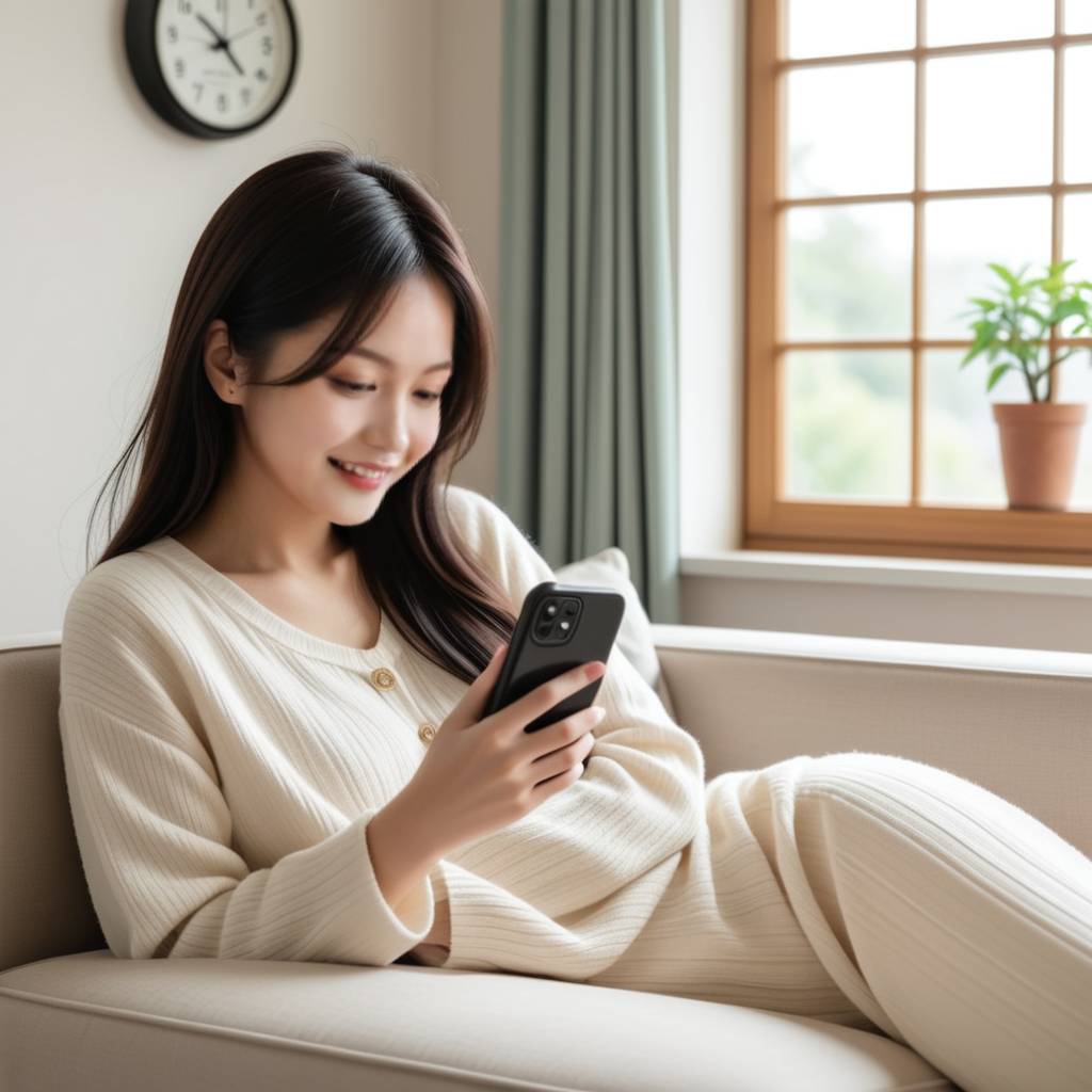 一个女孩坐在窗边，手持手机，眼神略带焦急又充满期待地望向远方，等待着心爱的人回家