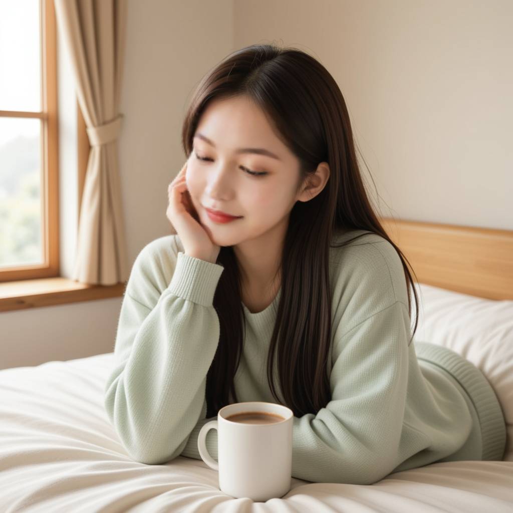 伴侣在清晨厨房里，从背后轻柔地亲吻正在准备早餐的女友额头，阳光从窗外洒入，画面温馨而充满爱意