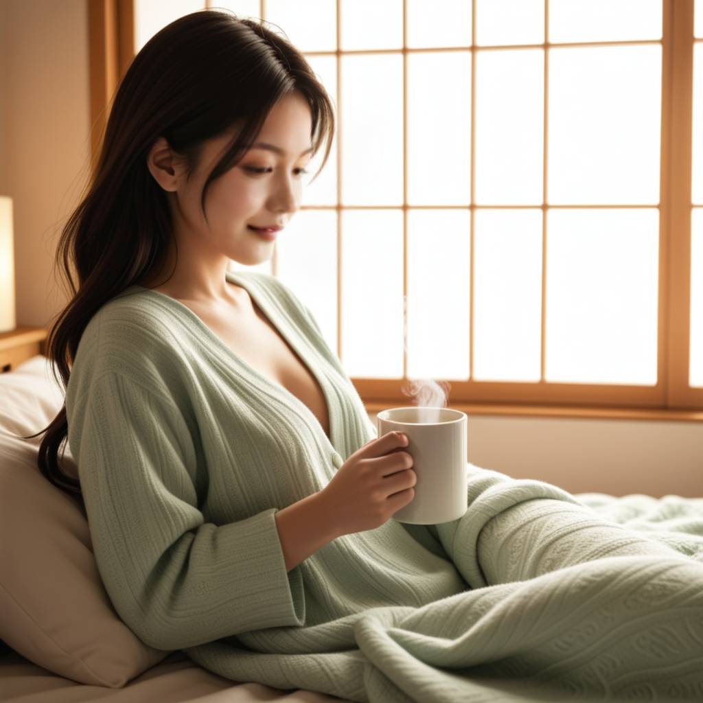 一对情侣在清晨的阳光中互相亲吻，背景温馨，情感甜蜜