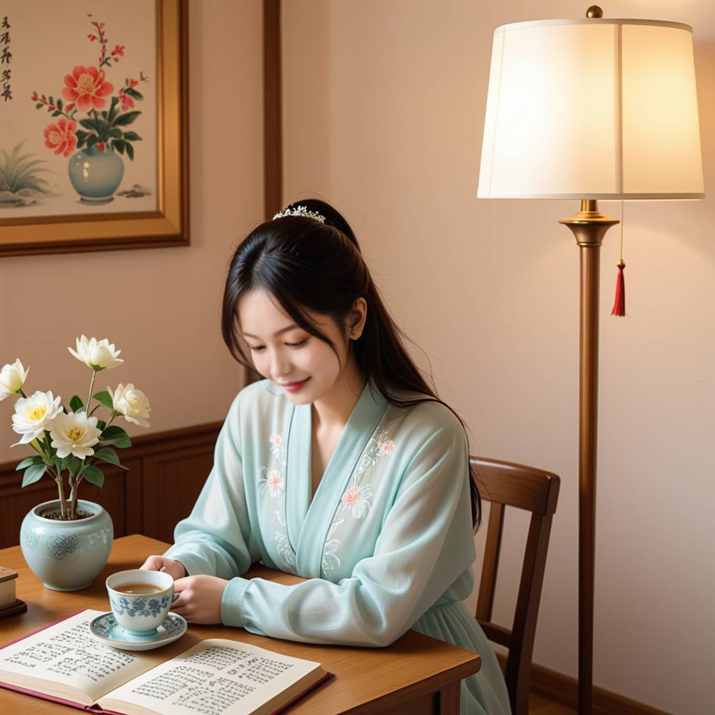 一位女性在深夜的台灯下，手捧一杯热茶，疲惫地望着桌上的未完成的国风画稿和设计图，她的伴侣从背后轻轻拥抱她，并在她脸颊上亲吻，画面温馨治愈