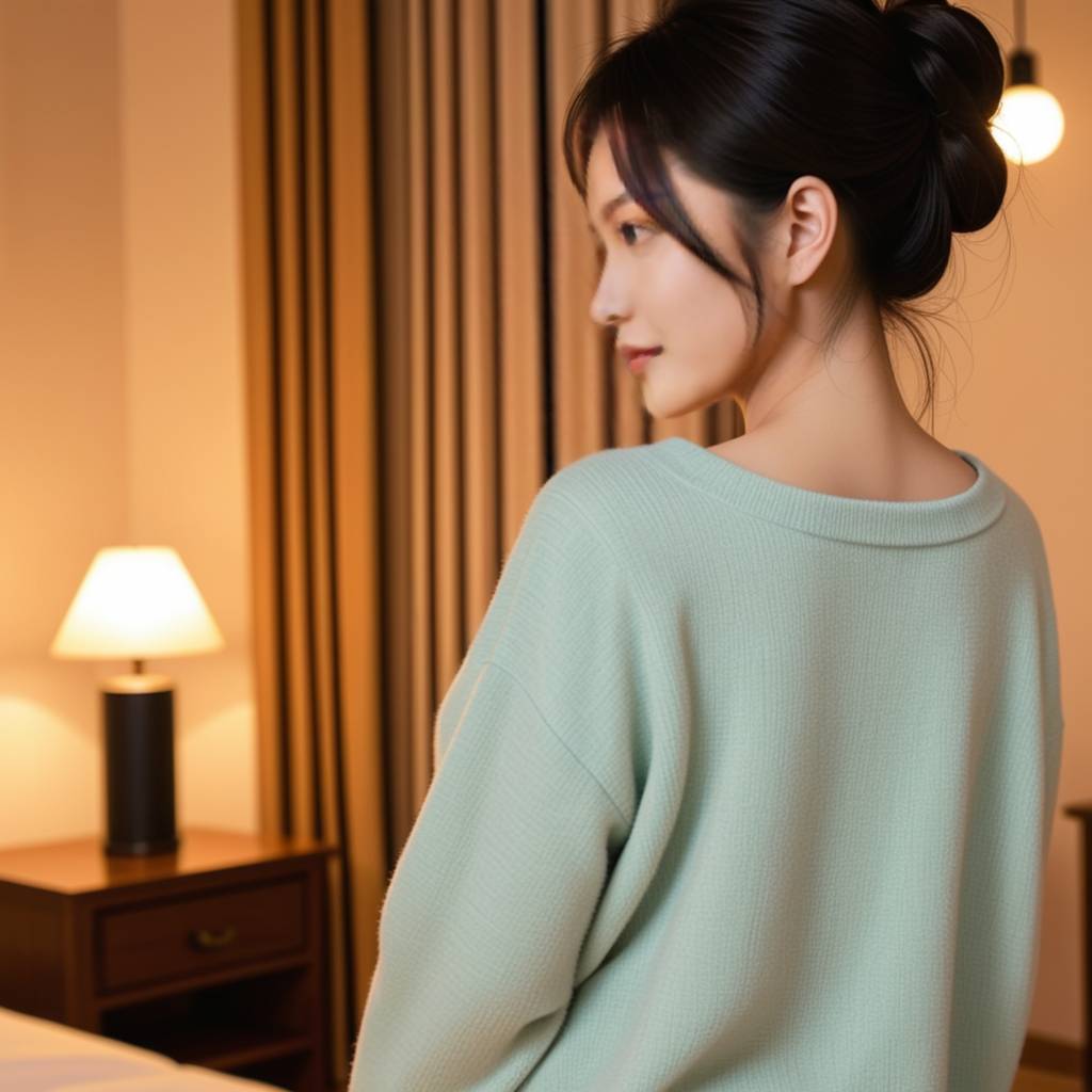 一个女生在办公室窗边，望着日落的城市夜景，脸上带着一丝疲惫但又充满期待的表情