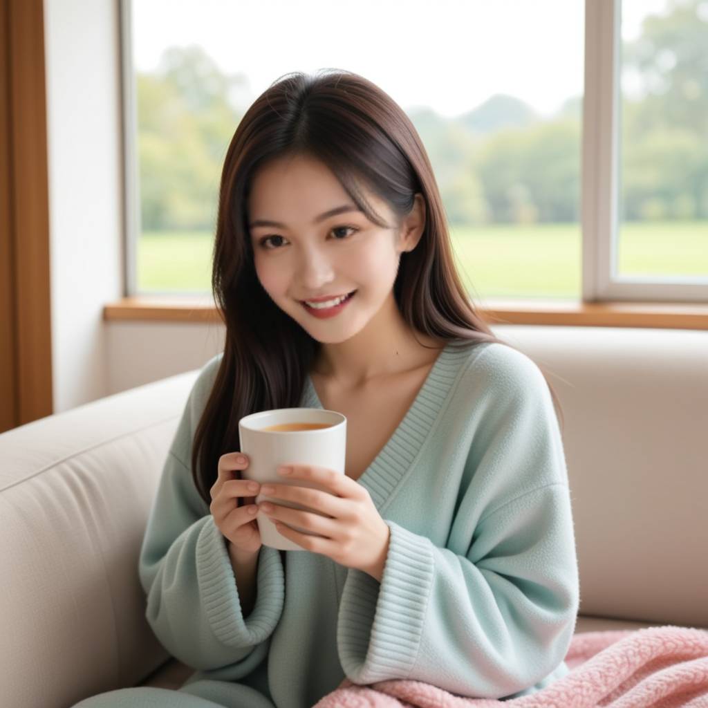 一个女生正专注地看着手机屏幕，脸上带着甜蜜的微笑，背景是温馨的家居场景，暗示着她在等待伴侣的消息