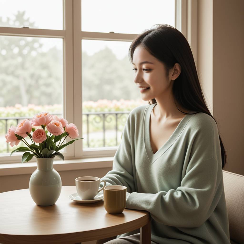 一对情侣在温馨的家中，男生正在递给女生一杯玫瑰花茶和甜点，女生脸上洋溢着幸福的笑容，家中氛围温馨