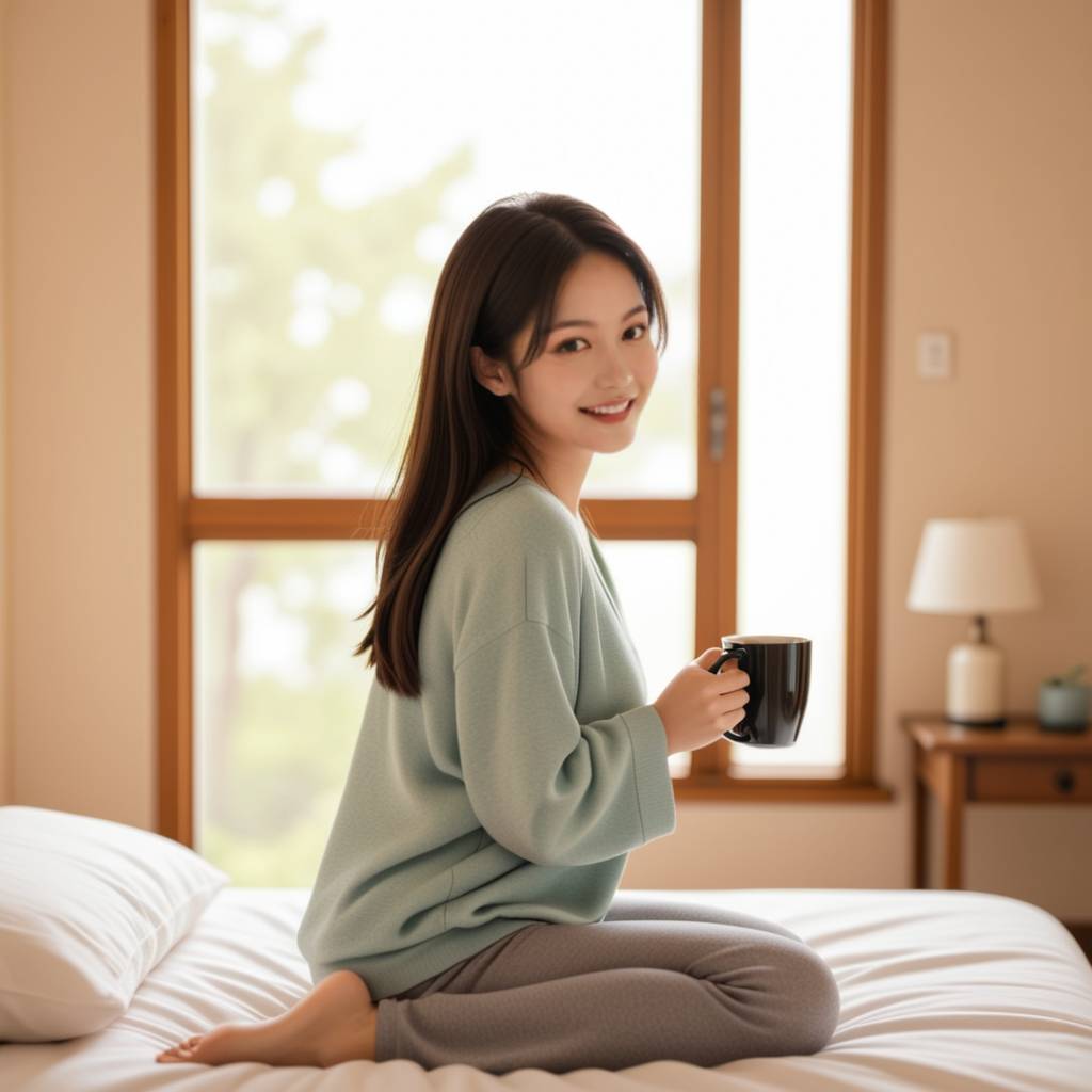 一对情侣马克杯在阳光下依偎，背景是清晨明亮的窗户，暗示着新一天的开始和甜蜜的期待