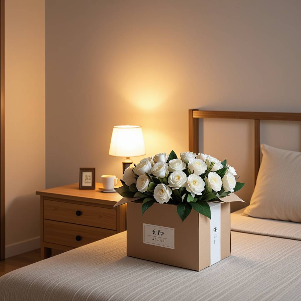 一个男人微笑着站在家门口，手里提着一个包裹和一个纸袋，背景是温暖的室内灯光