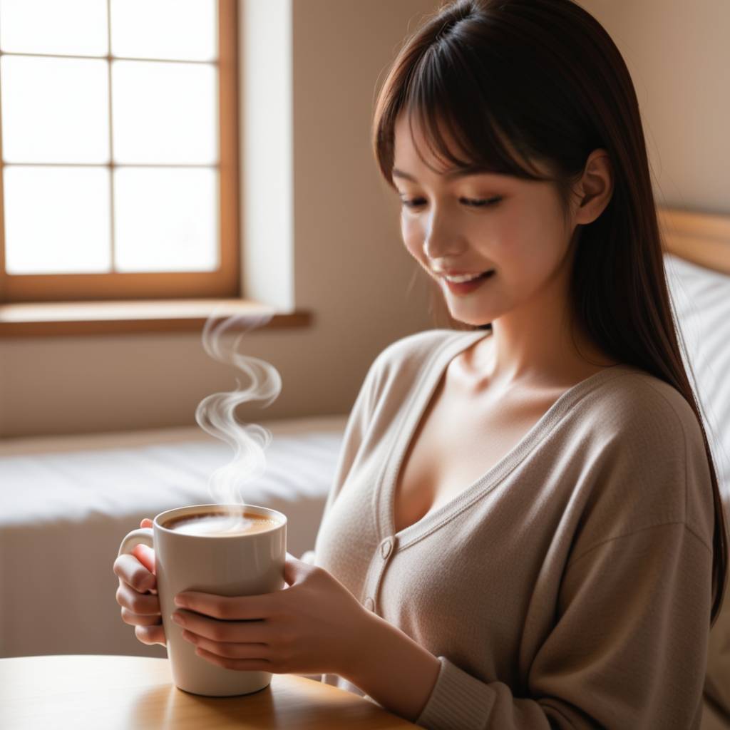 一只女性的手，掌心握着一杯热咖啡，旁边有几片烤面包和一张写着'Good Morning, my love!'的爱心便利贴，光线温暖而柔和