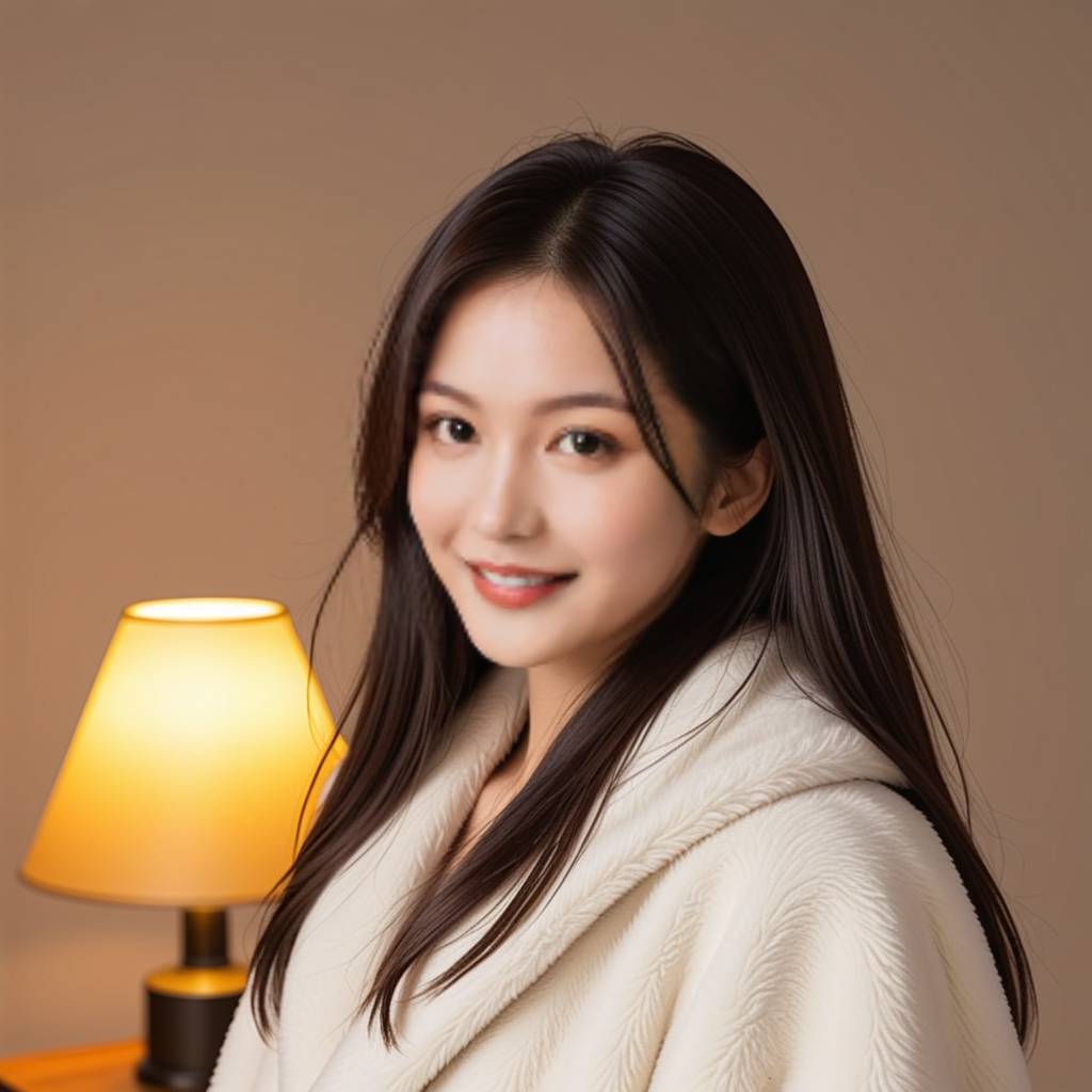 一个女生回到家，看到伴侣准备的温馨场景，例如点燃的香薰蜡烛和热腾腾的饭菜，脸上洋溢着幸福的笑容。