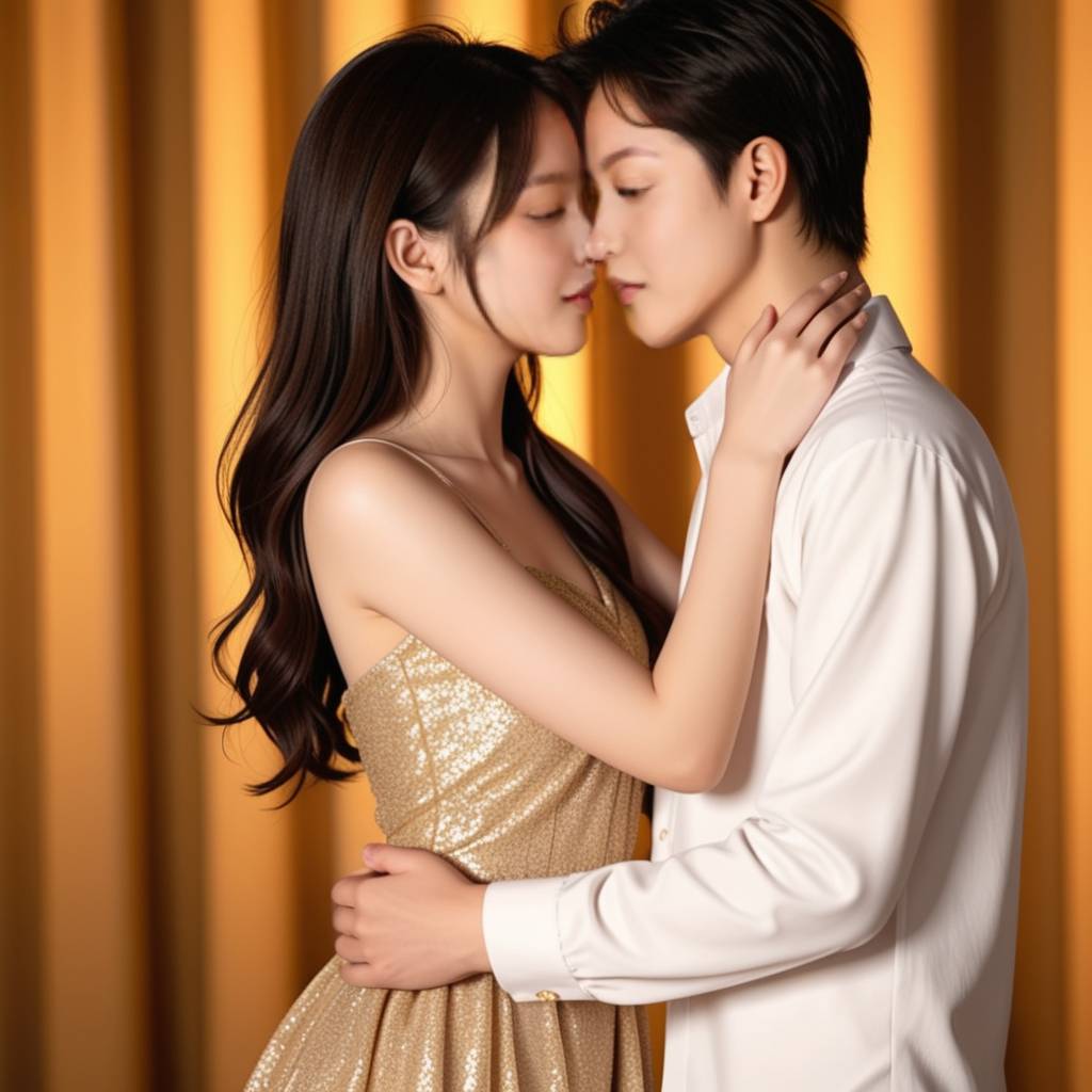 一个身穿舞服的女性在后台与一位男士深情相拥，男士正递给她一杯水，场景温馨而充满爱意