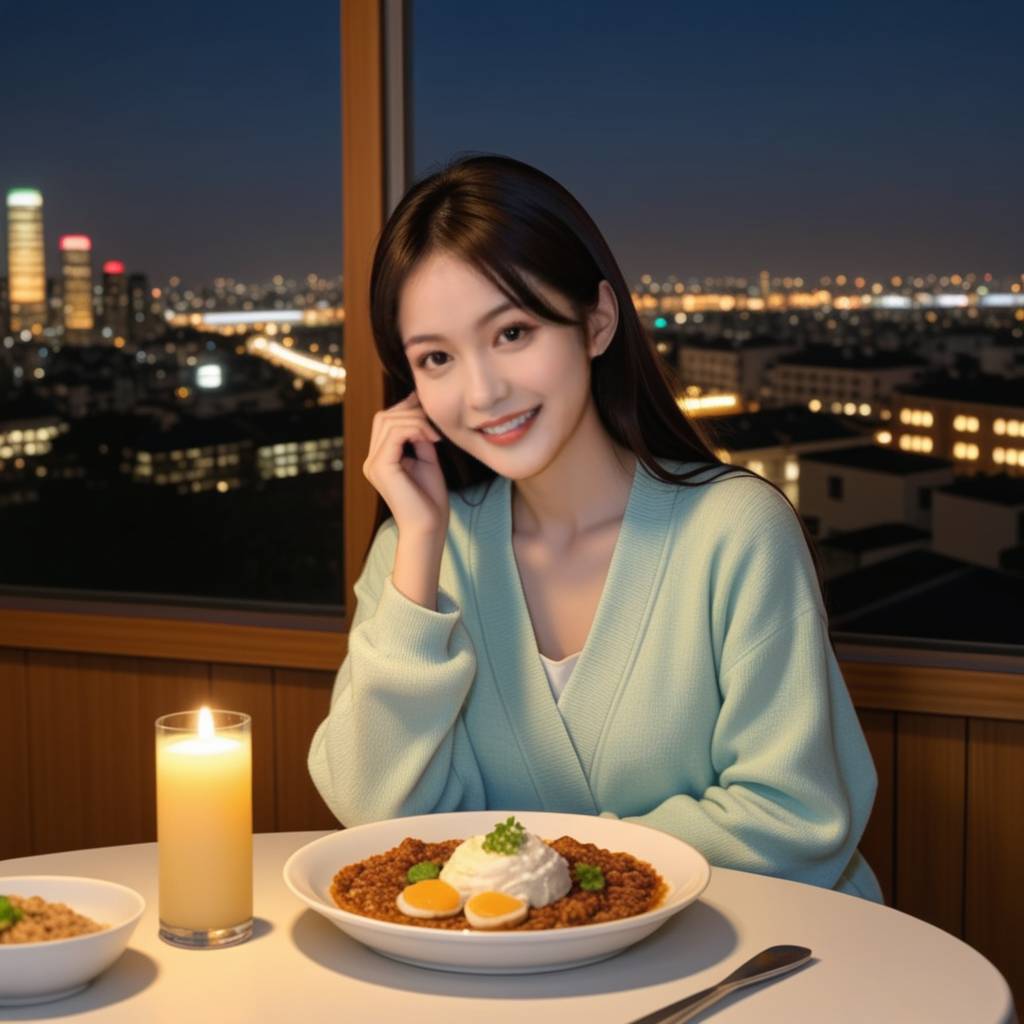 一对情侣在温馨的厨房里，男生正在为刚下班的女生准备晚餐，女生疲惫中带着惊喜和幸福