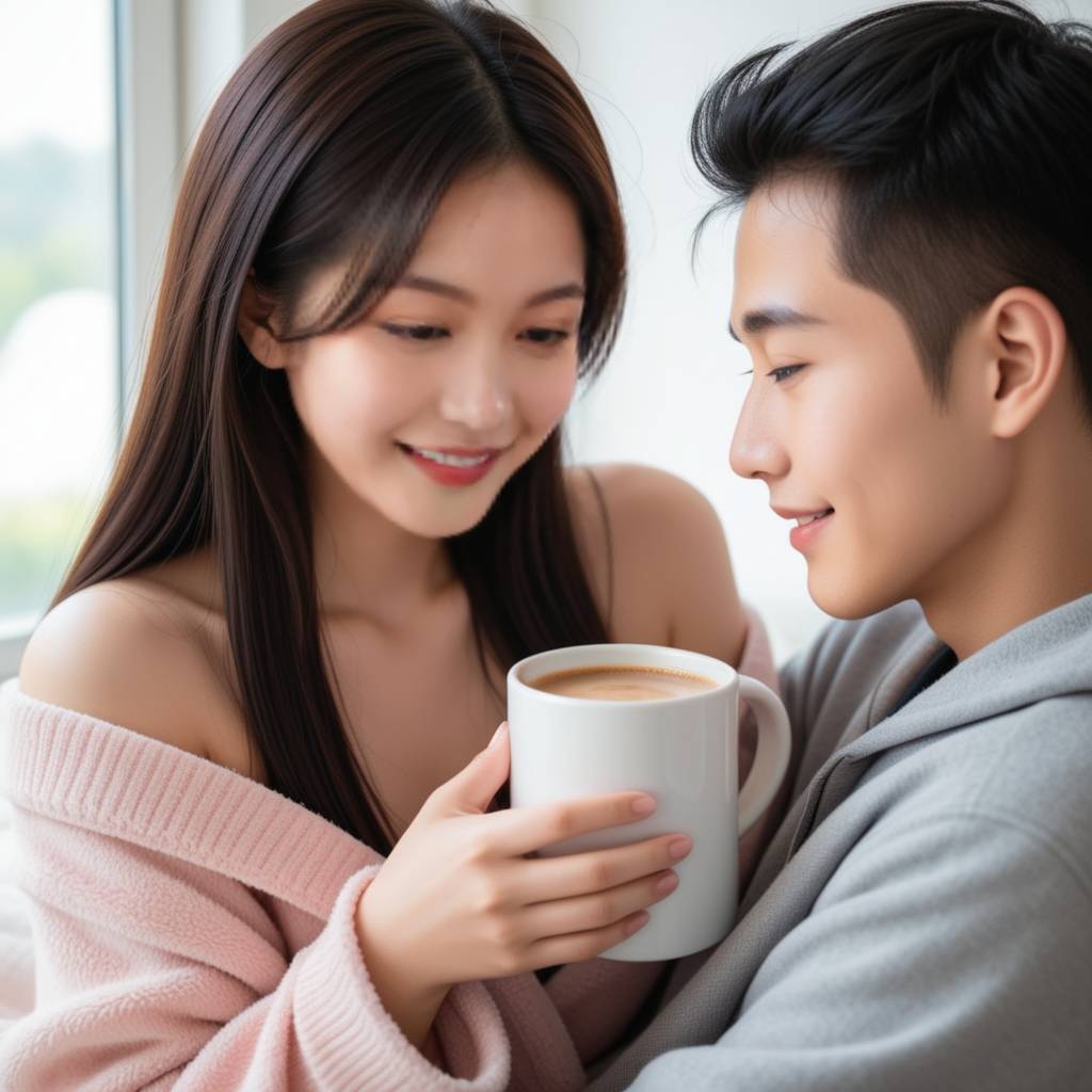 一对情侣在夜晚的街头牵手漫步，男生温柔地看向女生，女生脸上带着羞涩的笑容