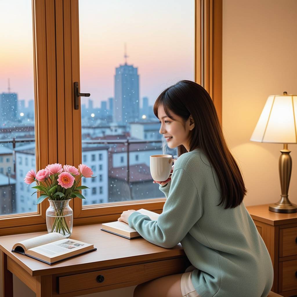 一对情侣清晨在家中，男生温柔地吻着熟睡的女生额头，阳光洒满房间，画面温馨和谐，透露出深切的爱意和不舍