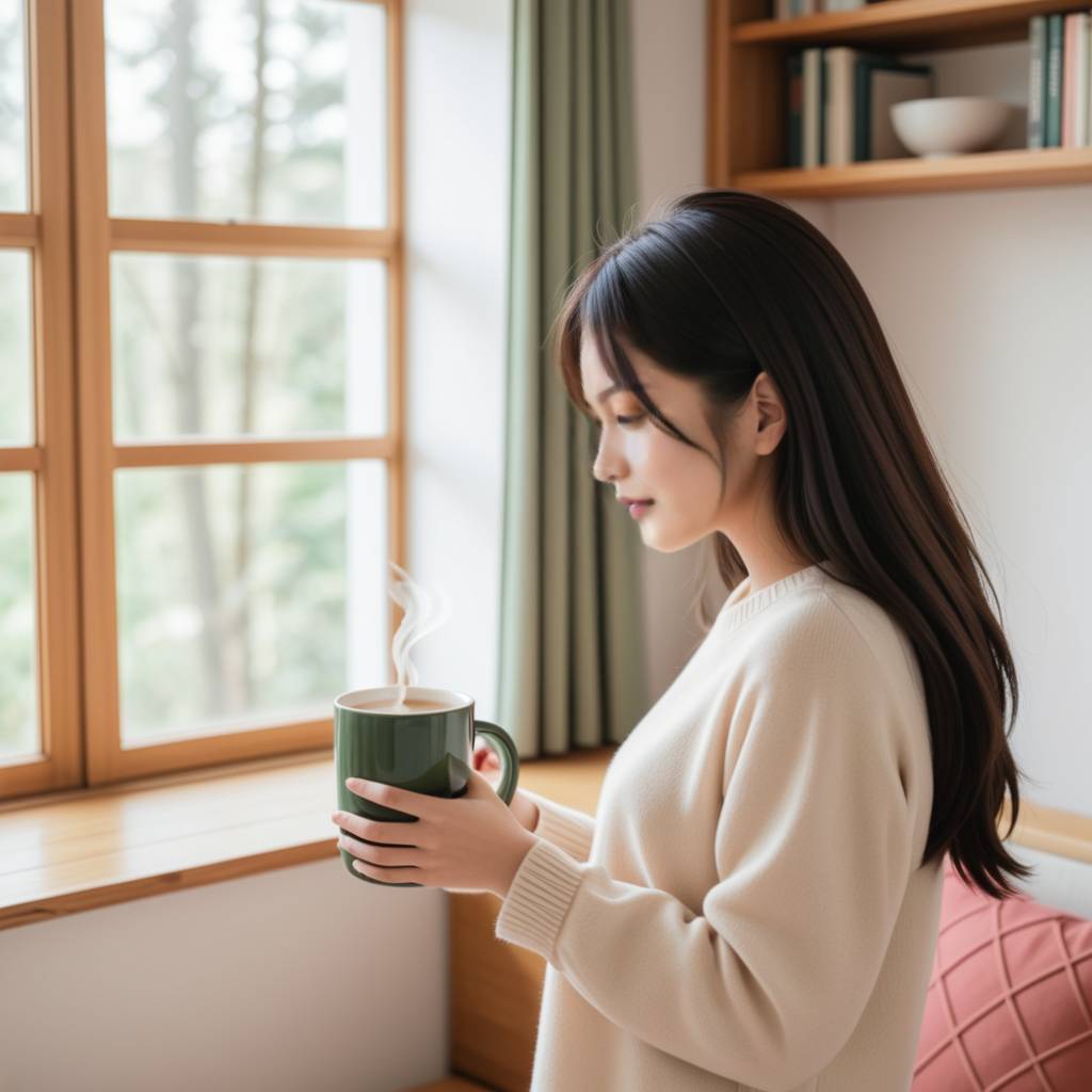 一对情侣在阳光明媚的清晨依偎在一起，享受着咖啡和烤面包的早餐，脸上洋溢着幸福的笑容