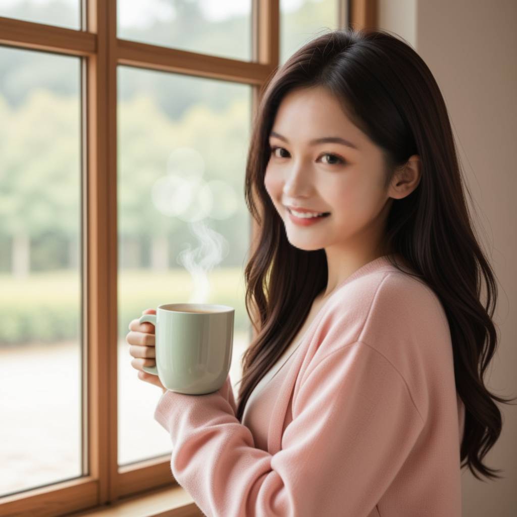 一对情侣在温馨的家中，男生轻轻搂着女生，女生依偎在他怀里，两人相视而笑，画面充满了温暖和甜蜜