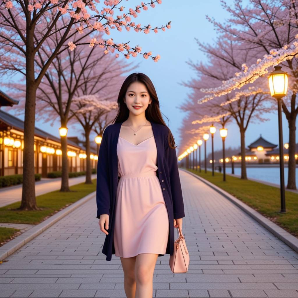 一个女性下班后提着包，脸上洋溢着幸福的笑容，走在回家的路上，远处是家的轮廓，灯光温暖