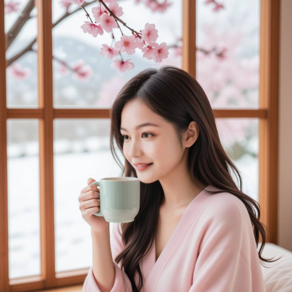 一个女生在卧室里，微笑着精心挑选约会服装，阳光透过窗户洒在身上，充满期待