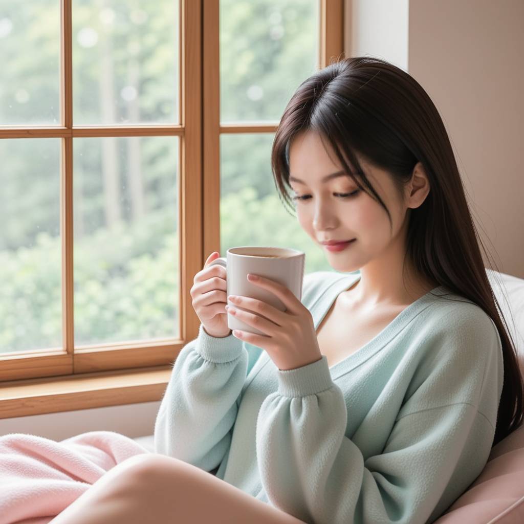 一个女生在镜子前精心打扮，脸上洋溢着对约会的期待和甜蜜笑容，背景是阳光明媚的房间