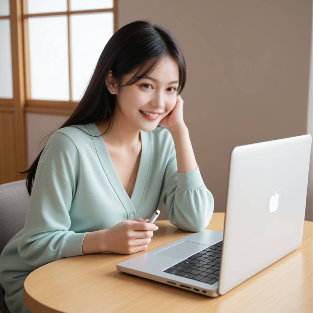 一位女性在会议间隙偷偷看手机，屏幕上显示着男友发来的可爱自拍照，脸上带着甜蜜的微笑