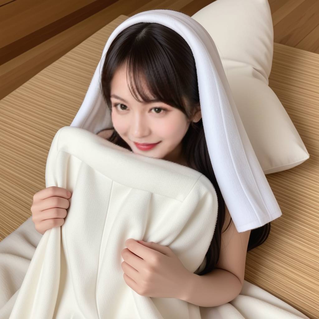 博主正在尝试Cosplay服装，她的伴侣在一旁耐心协助，两人脸上都带着笑容，背景是散落的道具和化妆品