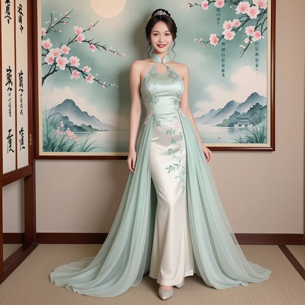 一对新婚夫妇穿着精美的中式婚纱，男生身着龙袍样式的礼服，女生身着凤冠霞帔，背景是古色古香的园林，两人深情对望，画面唯美浪漫