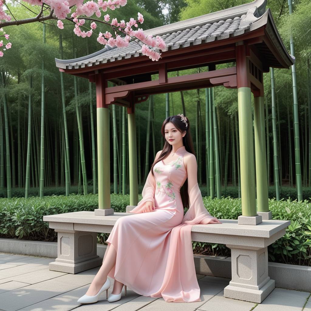 一位身着翠绿色汉服的女子，面带微笑，手持团扇，置身于古色古香的园林中，背景是茂盛的竹林和石桥