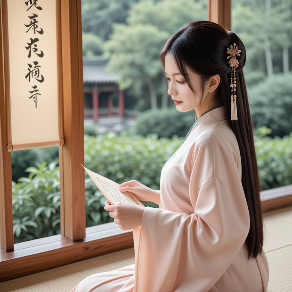 一位身着淡雅汉服的女子，在古色古香的园林中，侧身回眸，眼神温柔，仿佛正被某人温柔注视，光线柔和而充满意境