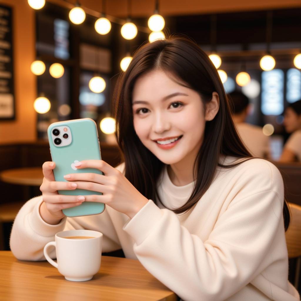 一对情侣在手机上分享日常生活照片，画面温馨，充满爱意