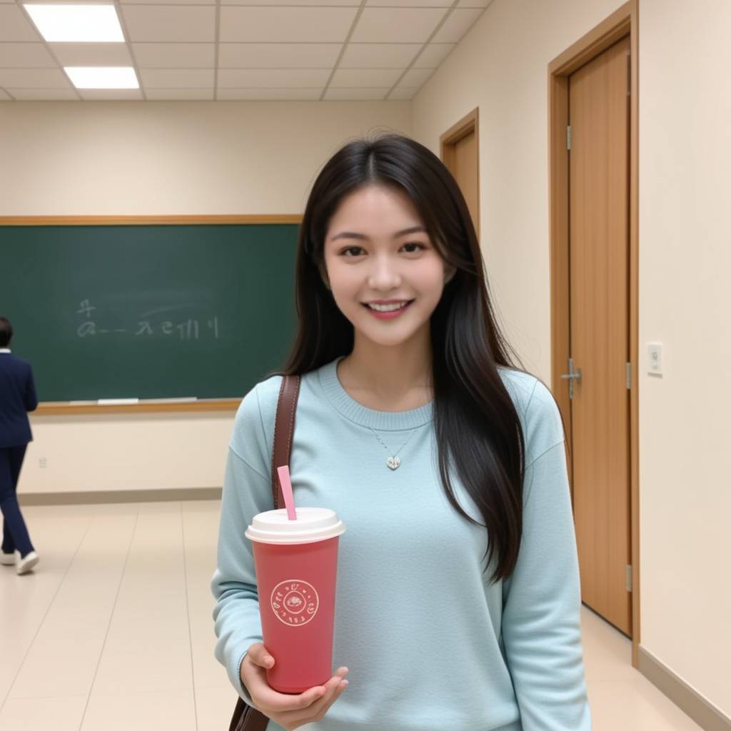 一个男生站在教学楼走廊的窗边，微笑着等待刚下课的女生，手里可能拿着一束小花或一杯热饮，夕阳洒在两人身上，气氛温馨而甜蜜